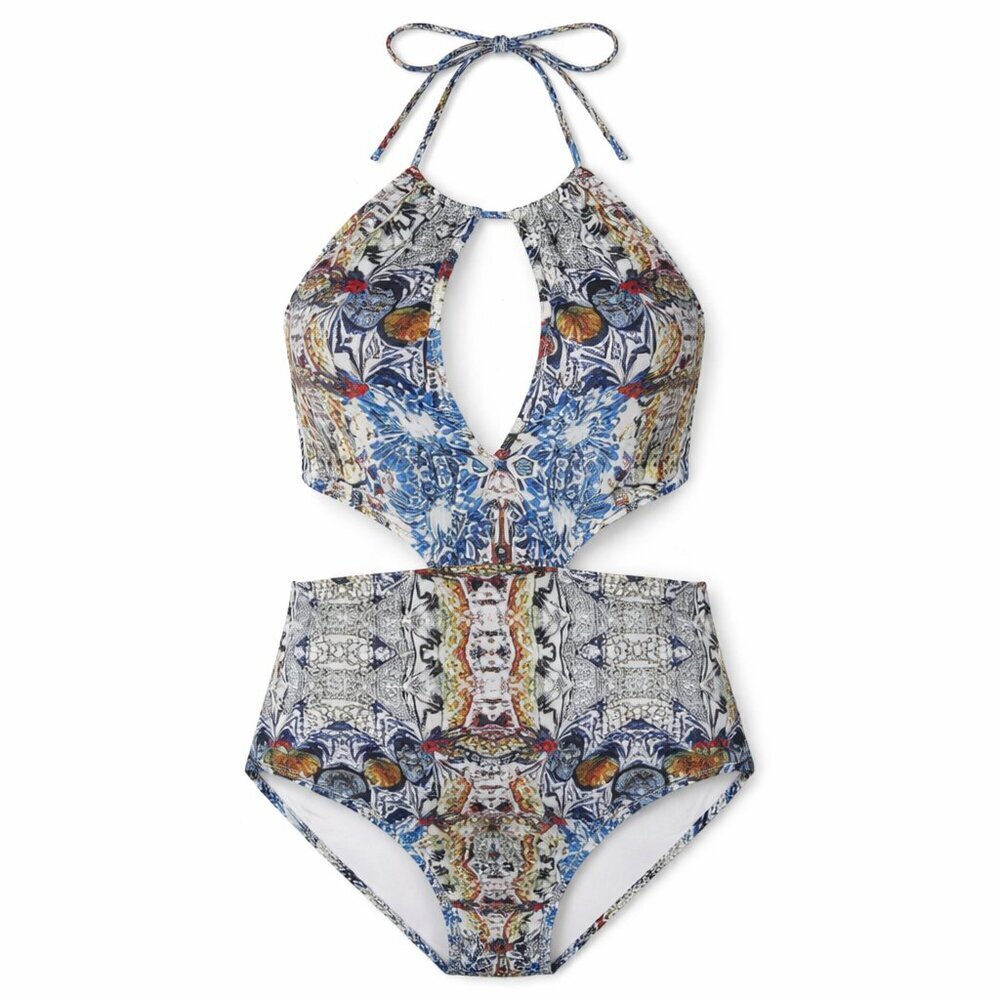 NWT BEACH JOY BIKINI Halter Colorful Print One-Piece Swimsuit Size Large